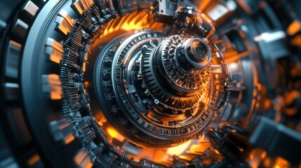 Close-up of a complex metallic gear system with orange glow