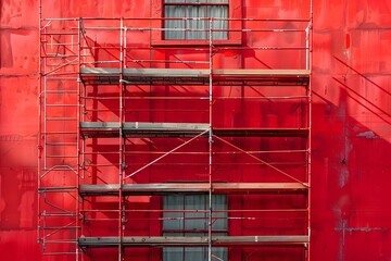 Poster - Vibrant Red Wall with Scaffolding and Window Details