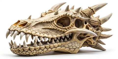 Detail-rich dragon skull replica, meticulously crafted with scales and teeth, isolated on a pure white background, with a precise clipping path for seamless integration.