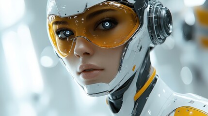 Sticker - A woman in a white and yellow robot suit with blue eyes