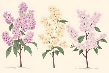 Wall Mural - Illustration of blossoming trees. Vintage botanical illustration. Spring set