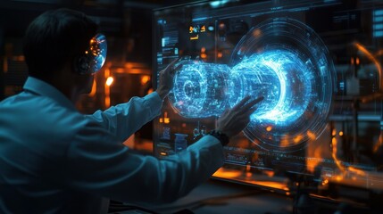 Leinwandbilder - Man Interacting with Holographic Interface on a Large Screen