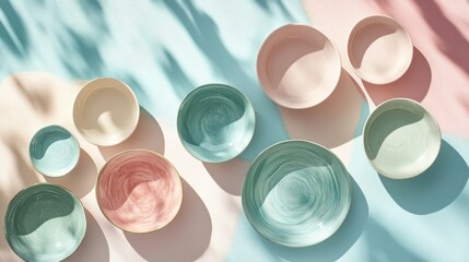 Poster - Empty Bowls Arranged on Blue and Pink Surface with Shadows