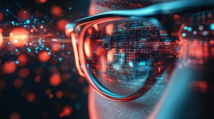 Poster - A Person Wearing Glasses Reflecting Digital Data and Code