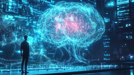 Man Contemplating a Digital Brain in a Futuristic Setting