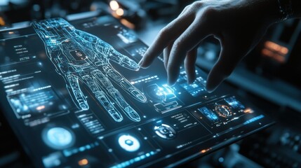 Poster - A Hand Interacting with a Digital Interface Showing a Wireframe Hand