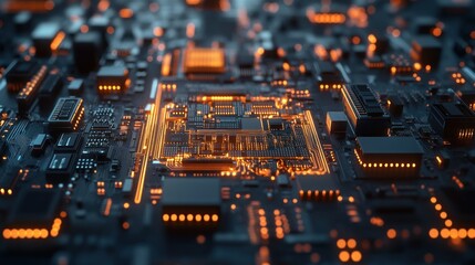 Wall Mural - Close-up of a glowing orange circuit board with intricate wiring