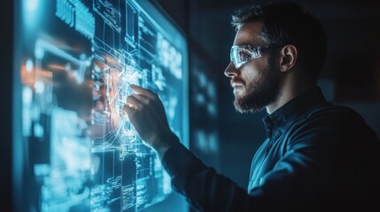 Poster - Bearded Man in Glasses Interacting with a Blue Digital Interface