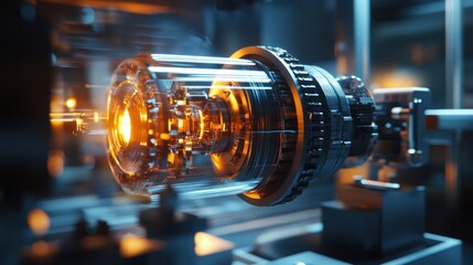 Poster - Glowing Industrial Machine Part with Complex Gearwork