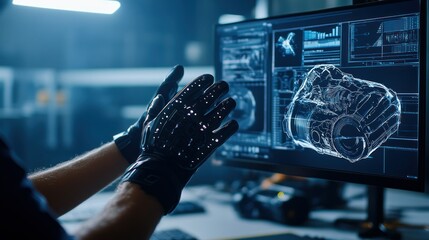 Leinwandbilder - Person Wearing Black Gloves Interacting with a Computer Screen Showing a 3D Model of an Engine