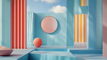 Wall Mural - Abstract Minimalist Blue and Pink Room with Geometric Shapes and a Round Mirror