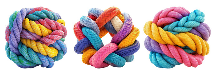 Colorful rope knots for pet toys isolated on transparent background