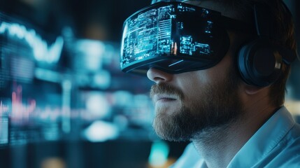 Poster - Man wearing VR headset with digital display and headphones