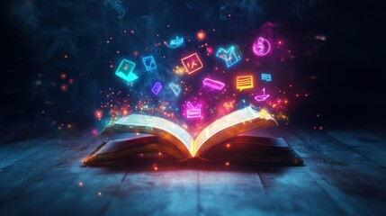 Poster - Open Book with Glowing Neon Symbols Emerging from its Pages