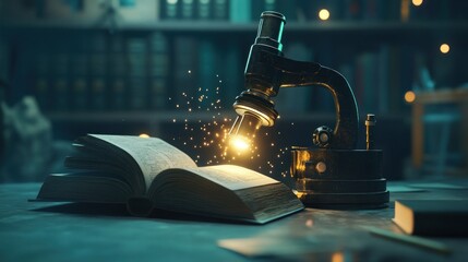 Poster - A Vintage Microscope Illuminating an Open Book with Glowing Particles