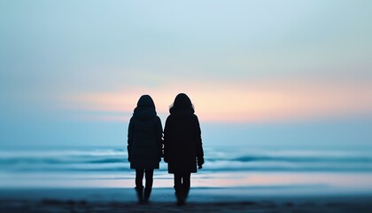 the two characters in a fuzzy background face the sea, creating a tranquil atmosphere.