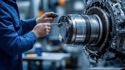 Close-up of an aircraft engineer's hands holding a wrench, tightening bolts on a turbine engine in a modern, clean workshop