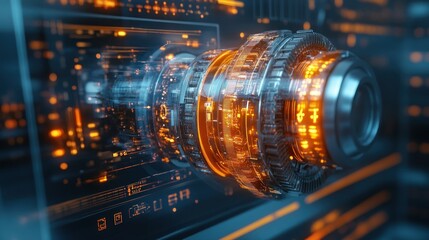 Poster - Futuristic metallic gear with glowing orange lines against a dark blue background.