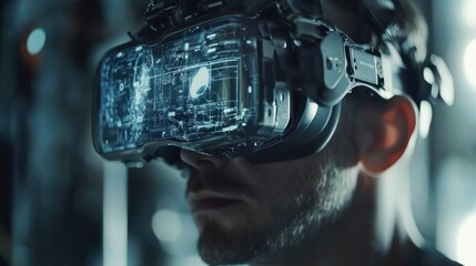 Poster - Close-up of a Man Wearing a VR Headset with a Digital Interface
