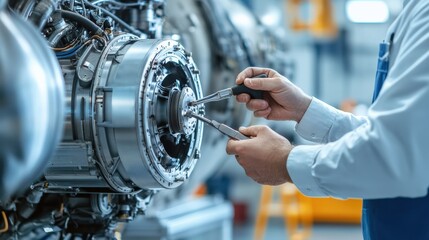 Close-up of an aircraft engineer's hands holding a wrench, tightening bolts on a turbine engine in a modern, clean workshop