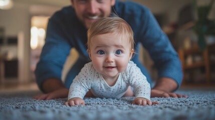 Wall Mural - A father watches with delight as his baby crawls across a soft carpet, both sharing a precious moment in their cozy living room