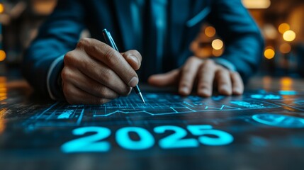 Poster - A focused professional drafts plans for the future, using digital tools to visualize concepts and strategies for the upcoming year in a modern, illuminated office environment
