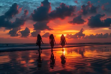 Canvas Print - Silhouetted Figures Walking Along a Beach at Sunset