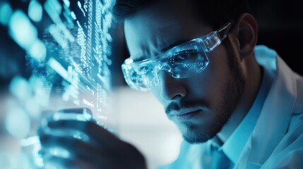 Poster - Close-up of a man in safety glasses, examining a computer screen with blue data displayed.