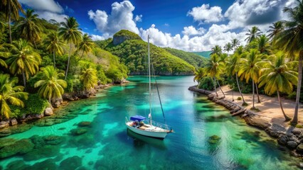 Wall Mural - Vibrant turquoise waters lap against the hull of a sleek sailboat, anchored in a secluded Caribbean bay, surrounded by lush green palm trees and coral reefs.