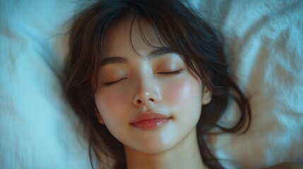 Poster - A young woman enjoys a deep sleep, her expression calm and relaxed, surrounded by soft sheets that enhance the soothing atmosphere