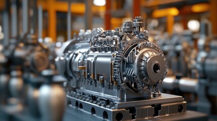 Wall Mural - Close-up of a Shiny Metal Industrial Machine with Gears and a Circular Part