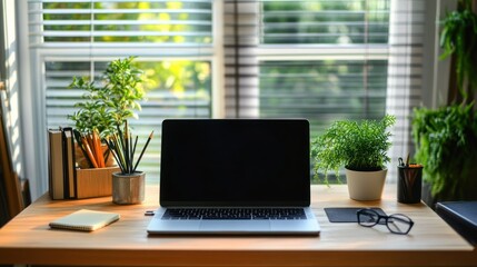 Poster - Modern Minimalist Home Office Desk with Laptop, Plants, and Stationery
