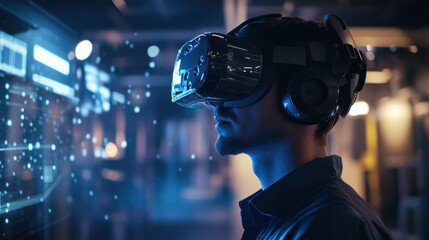 Poster - Man Wearing a Virtual Reality Headset Looking at Digital Interface
