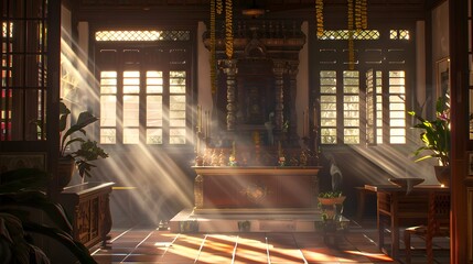 the serene atmosphere of a home temple during sunset 