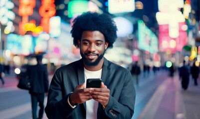 Wall Mural - Nigerian Man Smiling with Mobile Phone in Tokyo Streets