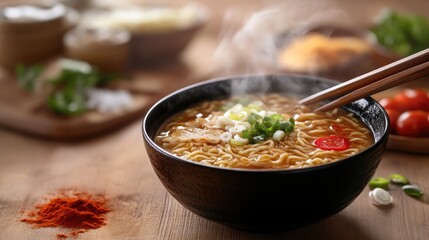 Authentic Ramen Dish with Fresh Ingredients and Wooden Table