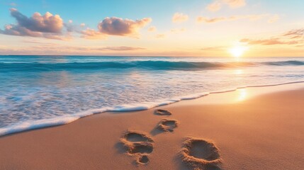 Wall Mural - Sandy Beach at Sunset with Footprints Leading to the Water