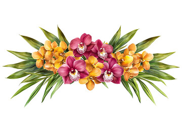 A vibrant arrangement of pink and yellow orchids with lush green leaves on white transparent background