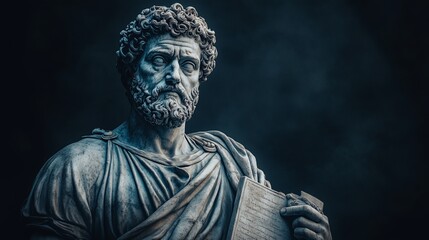  Close-up of a historic marble statue depicting a philosopher holding scrolls