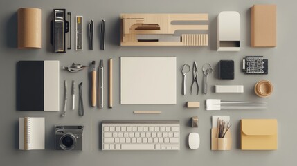 Poster - Flat lay of various office supplies and stationery on a grey background