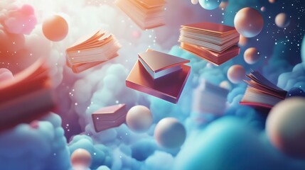 Poster - Books and Spheres Floating in a Dreamlike Cloud