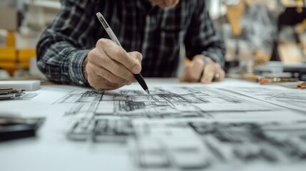 Poster - Close-up of a hand drawing on a blueprint with a pen