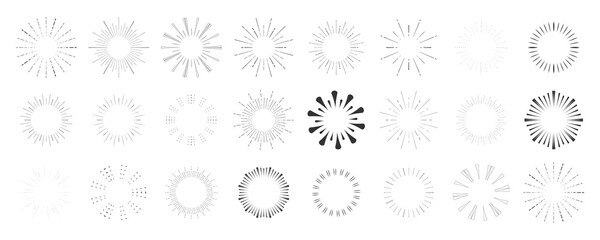 Sticker - Set Fireworks, rays, sunburst frames circle border decoration, sparkle in doodle style, line sketch explosion isolated on white background.