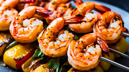 Wall Mural - A close-up of grilled shrimp on a skewer