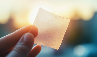 Close-up of a thin artificial skin patch held between fingers, illuminated by sunlight, symbolizing advancements in medical technology.
