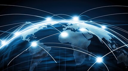 Poster - Global connectivity illustrated by illuminated pathways connecting continents in a digital world network background