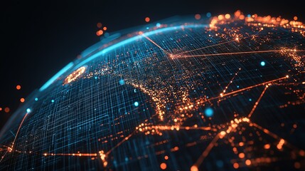 Poster - A detailed view of a digitally rendered globe with bright connections illuminating global cities at night, showcasing technology and interconnectedness around the world