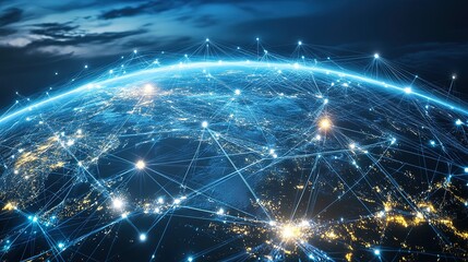 Poster - Aerial view of Earth illuminated at night with glowing connections showcasing global network connections between cities and countries