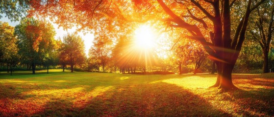 Poster - Sunrise in a park with autumn foliage, green grass, and tall trees creating a serene atmosphere.