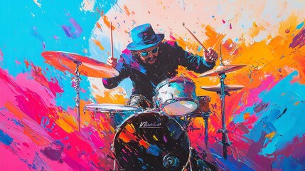 Poster - Vibrant Drummer on Colorful Canvas, an original acrylic artwork showcasing a dynamic drummer immersed in rhythm against a backdrop of bold, multicolored patterns.